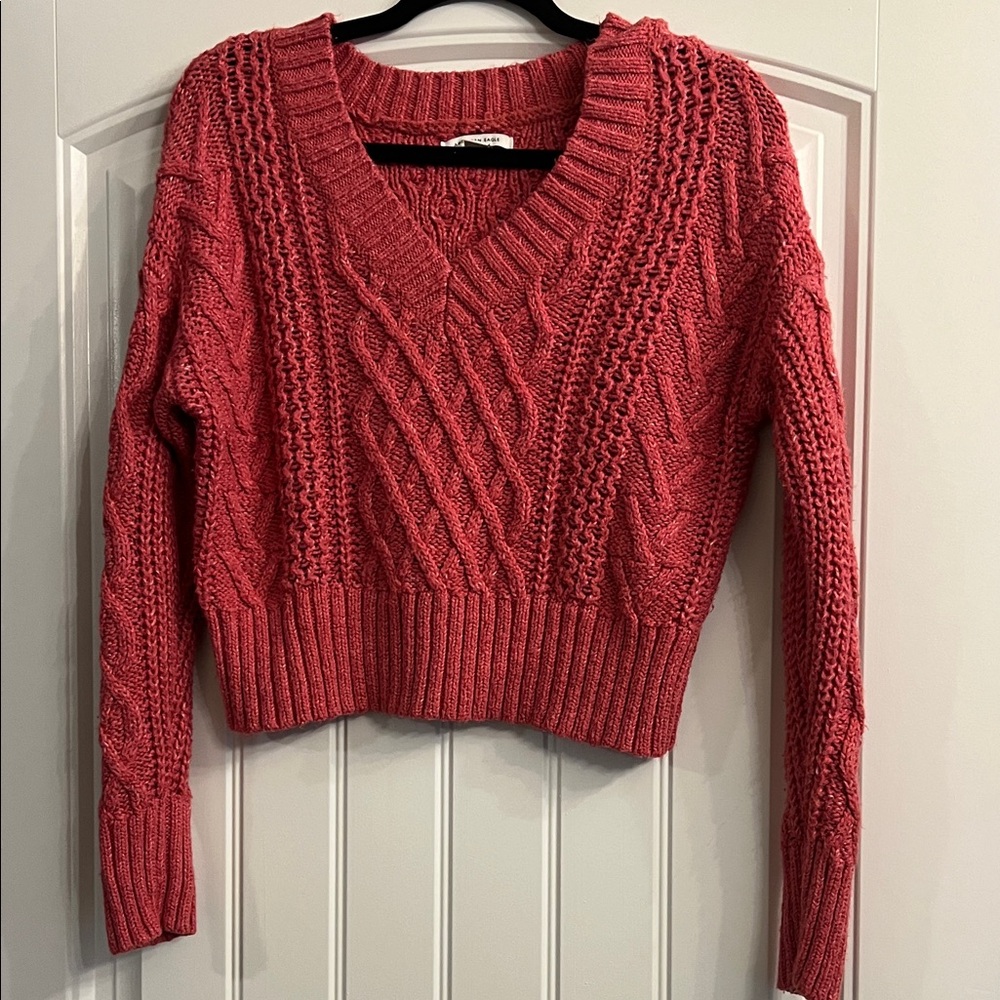 American Eagle Outfitters Rich Pink Cable Knit V-Neck Sweater